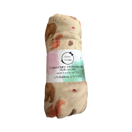 NEUF* Mousseline Cocolyly (bambou)- Animaux (125x130 cm)